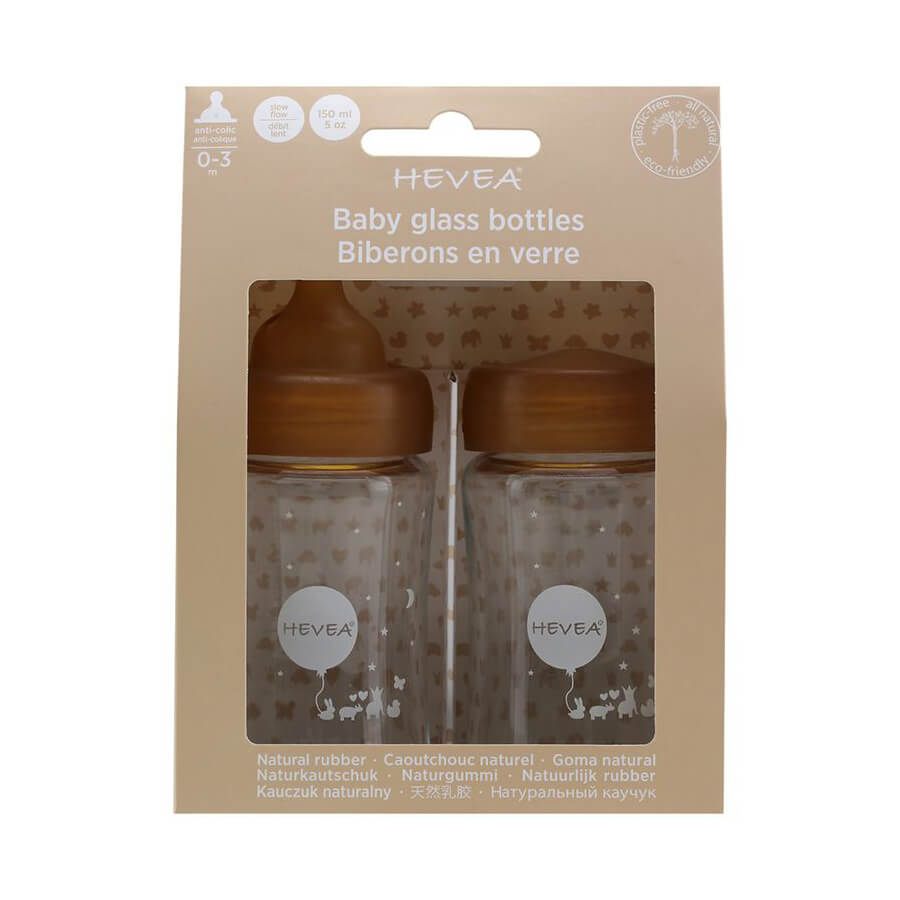 HEVEA - Babyflasche 150 ml, 2er Pack, 100% Glas und Naturkautschuk