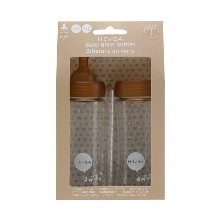 HEVEA - Babyflasche 250 ml, 2er Pack, 100% Glas und Naturkautschuk