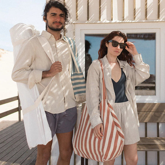 Nobodinoz – Strandtasche "Portofino Rusty Red Stripes", Bio-Baumwolle