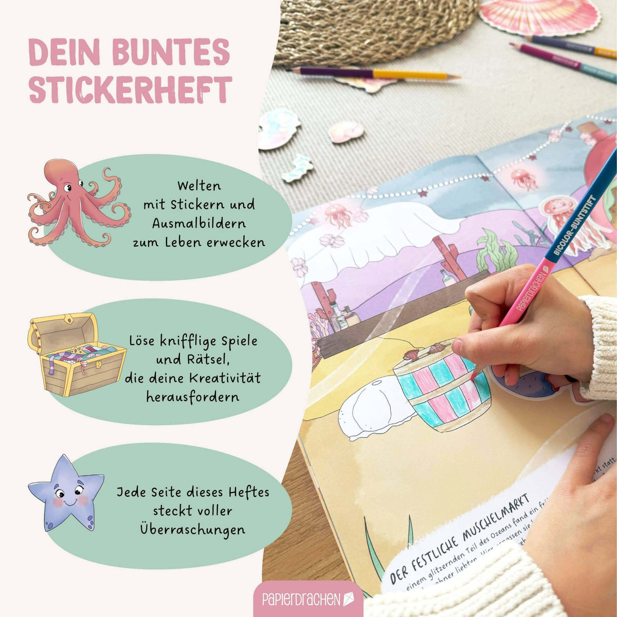 Papierdrachen - Mein Kreatives Unterwasser Heft - Malen, Rätseln, Stickern