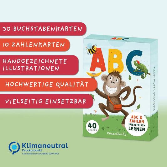 Rüsselfuchs – ABC-Kartenset, 30 Buchstabenkarten und 10 Zahlenkarten