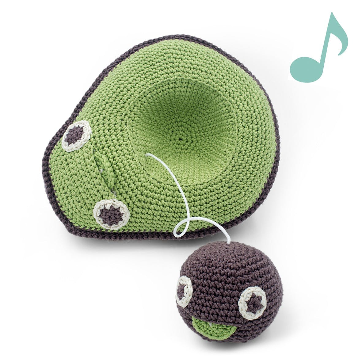 Myum The Veggy Toys - gehäkelte Spieluhr Avocado aus Bio-Baumwolle