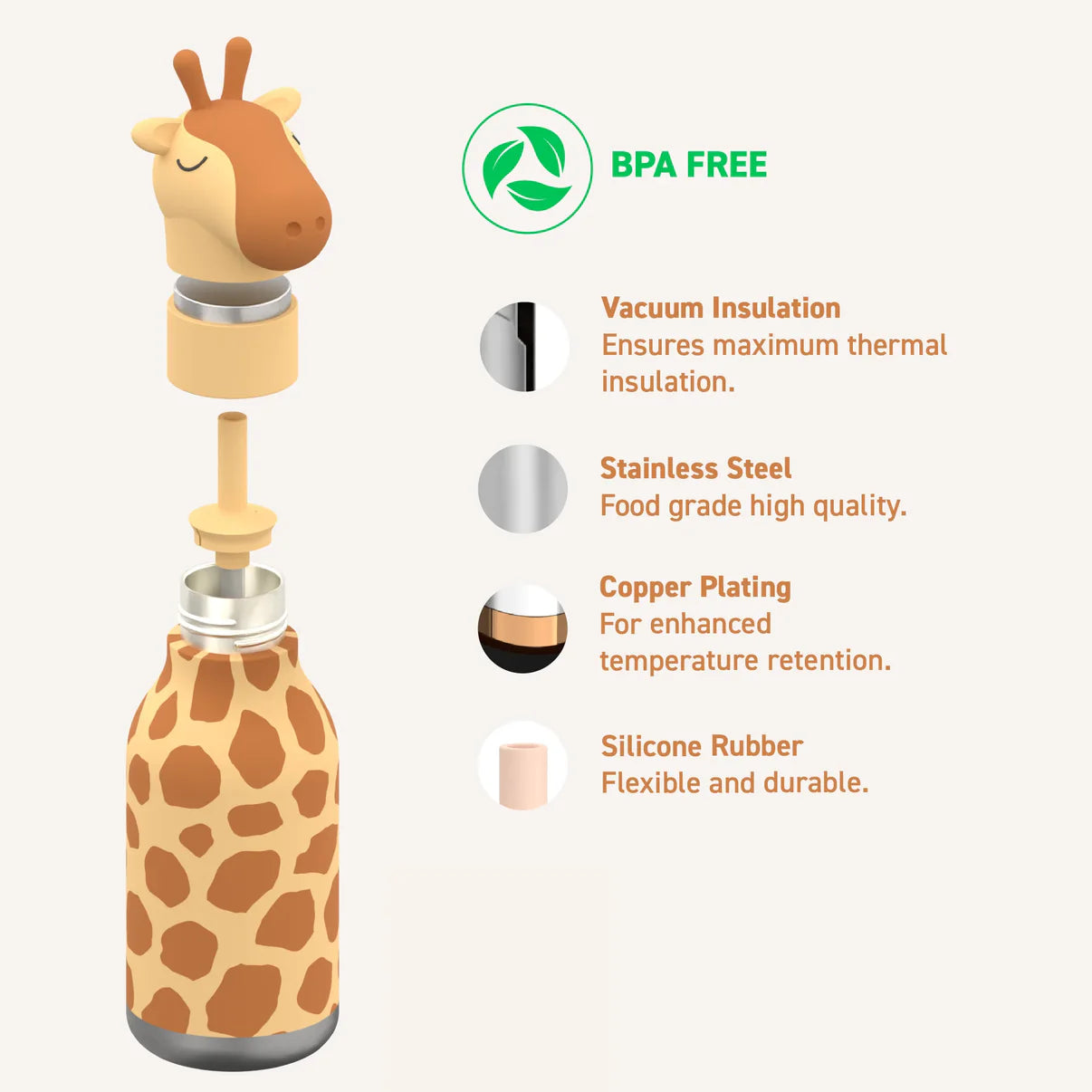Asobu – Kinder Trinkflasche aus Edelstahl “Bestie Giraffe”, 460 ml