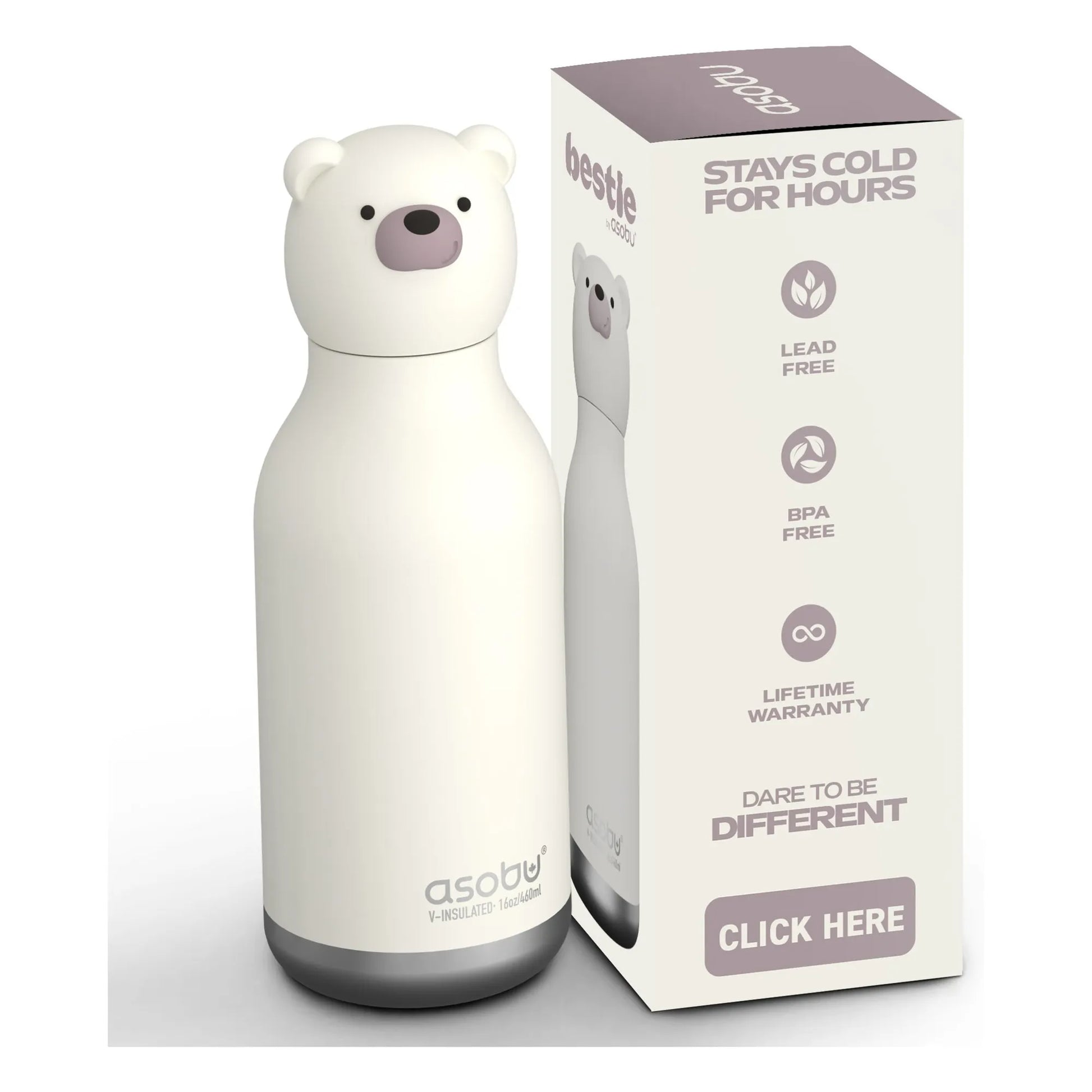 Asobu – Kinder Trinkflasche aus Edelstahl “Bestie White Bear”, 460 ml
