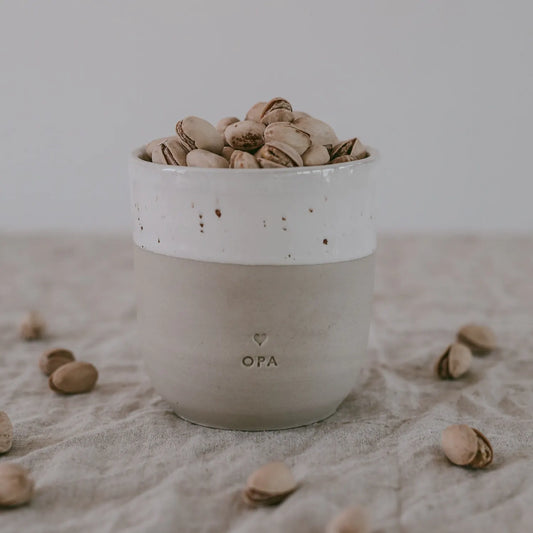 Eulenschnitt - Becher "Opa" aus Steingut, handgefertigt