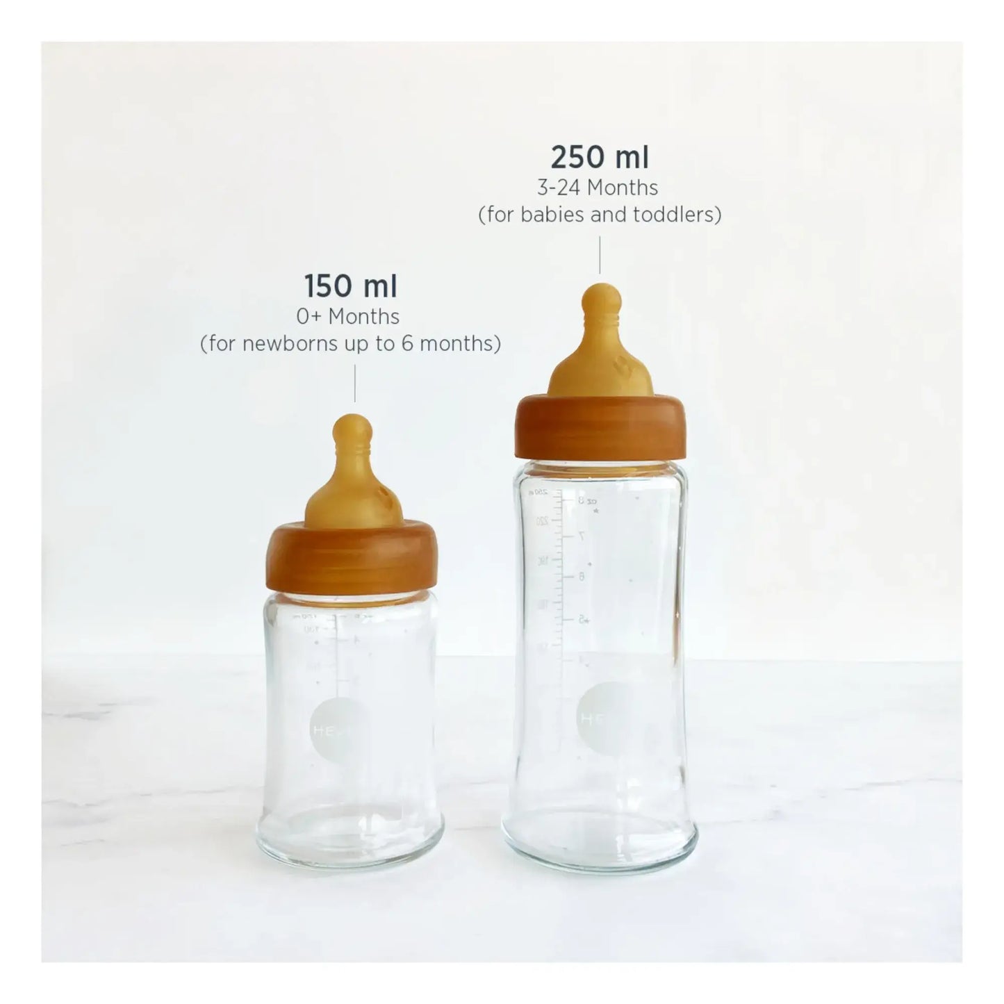 HEVEA - Babyflasche 250 ml, 2er Pack, 100% Glas und Naturkautschuk 