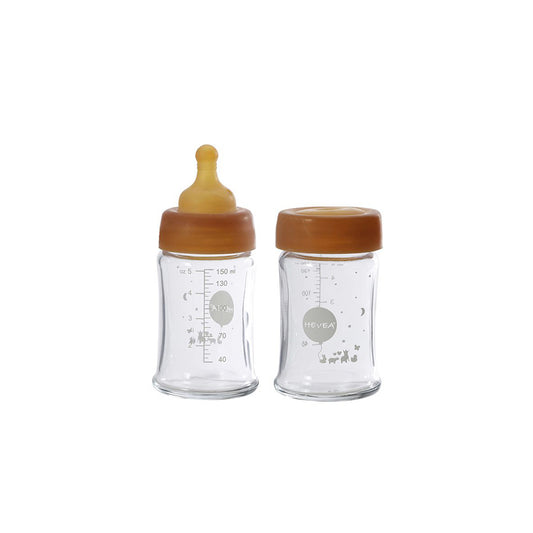 HEVEA - Babyflasche 150 ml, 2er Pack, 100% Glas und Naturkautschuk 