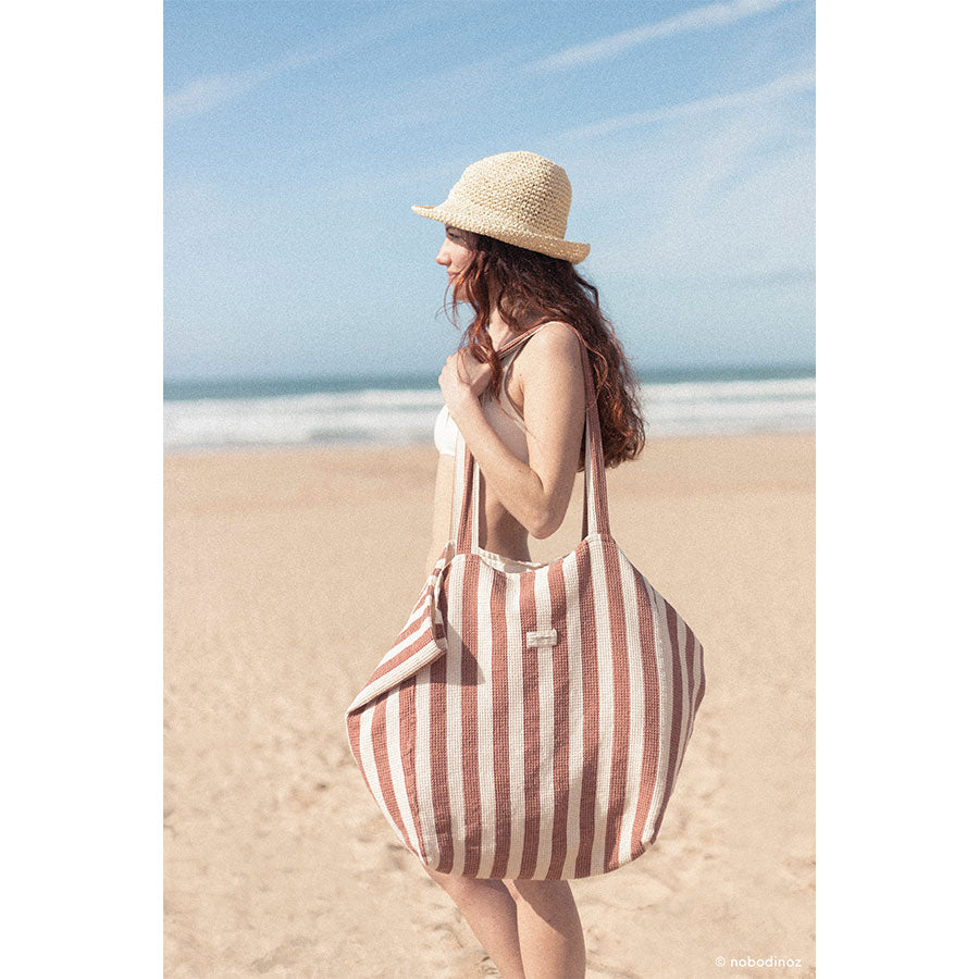 Nobodinoz – Strandtasche "Portofino Rusty Red Stripes", Bio-Baumwolle
