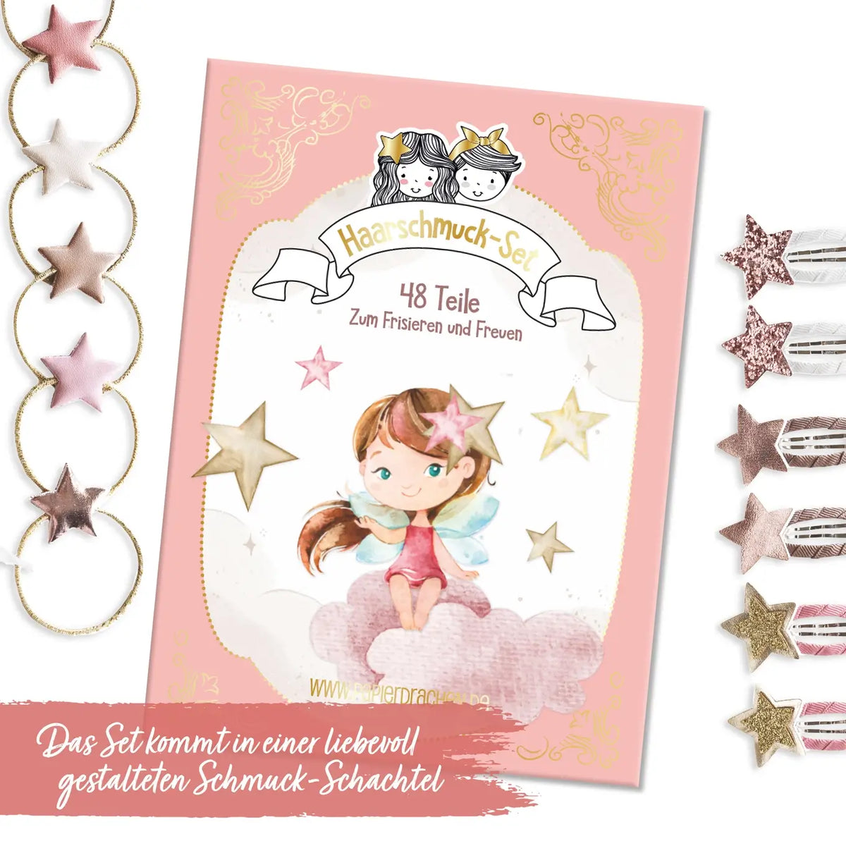 Papierdrachen - 48 Haarspangen + Haargummis - Pastell-Sterne - Set 6