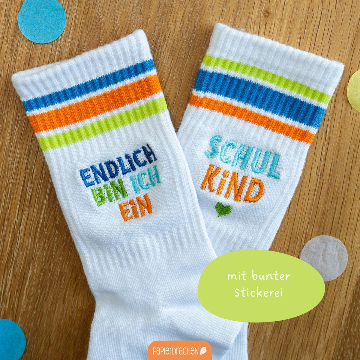 Papierdrachen - Socken zur Einschulung - blau - Endlich bin ich ein Schulkind