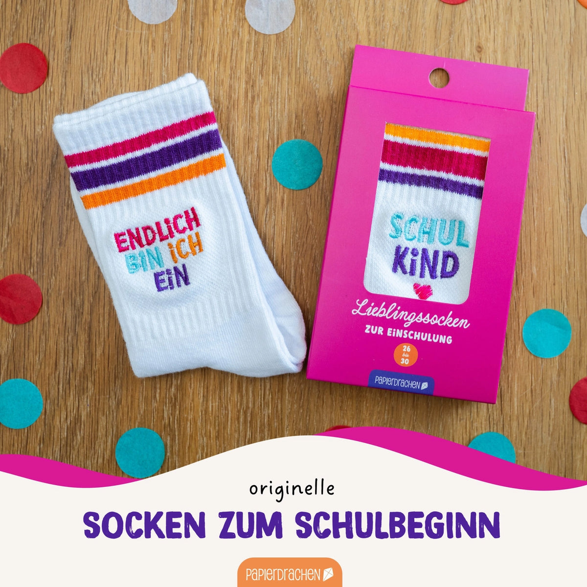 Papierdrachen - Socken zur Einschulung - pink - Endlich bin ich ein Schulkind