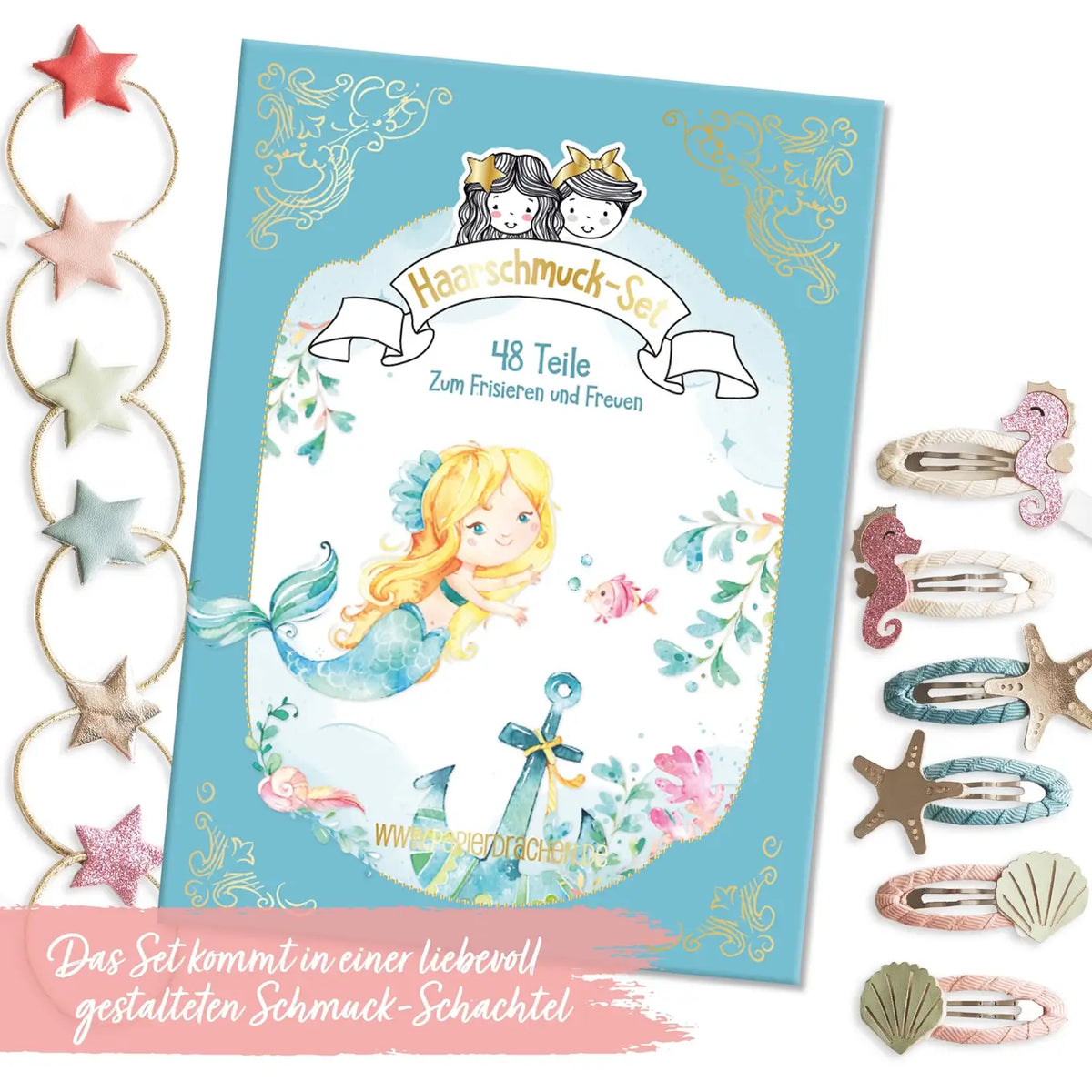 Papierdrachen - 48 Haarspangen + Haargummis - Meerjungfrau - Set 7