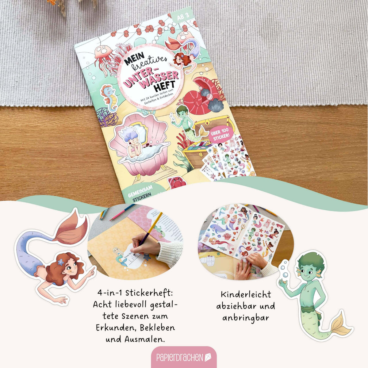 Papierdrachen - Mein Kreatives Unterwasser Heft - Malen, Rätseln, Stickern