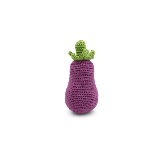 Myum The Veggy Toys - gehäkelte Rassel Aubergine aus Bio-Baumwolle